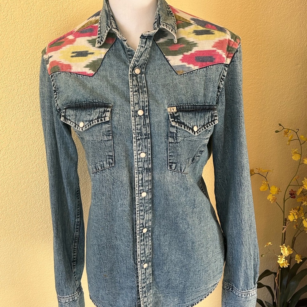 Denim Shirt with Colorful Patterned Shoulders
